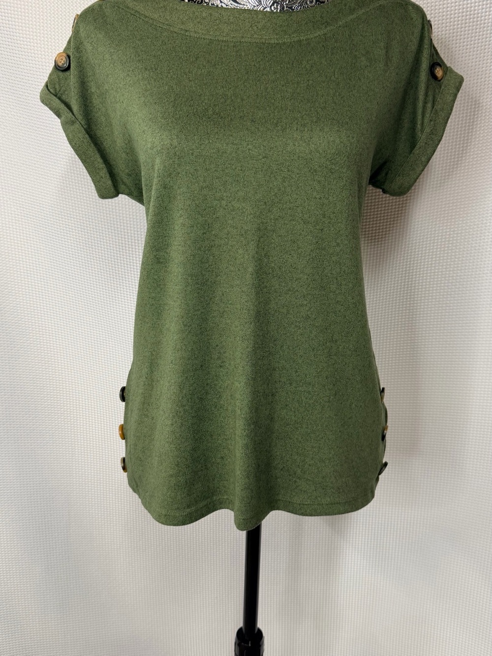 Olive Green Short Sleeve Button-Accent Tunic
